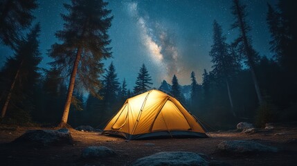 Illuminated Tent Underneath a Starry Night Sky in a Majestic Forest