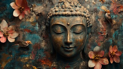 abstract, beautiful Magical, Mystical image of a buddha, painted metal, weathered, flowers, birds, beautiful auro of peaceful energy all around