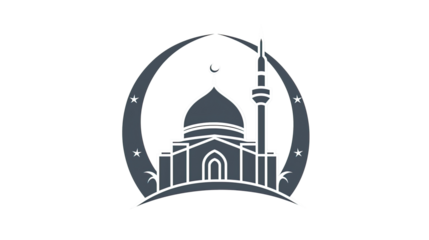 Minimalist mosque icon with crescent moon and stars on a png transparency.