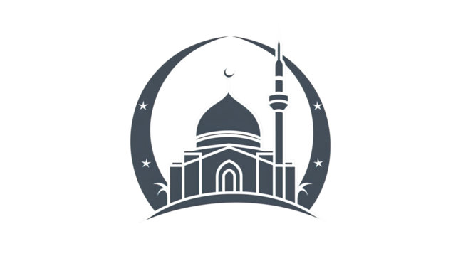 Minimalist mosque icon with crescent moon and stars on a png transparency.