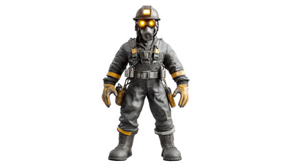 Fototapeta premium 3D render of a miner figure, wearing a helmet, gas mask, and protective gear on a png transparency.