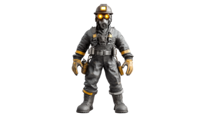 3D render of a miner figure, wearing a helmet, gas mask, and protective gear on a png transparency.