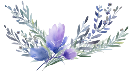 Watercolor painting of lavender sprigs and flowers, purple and blue hues, isolated on png transparency