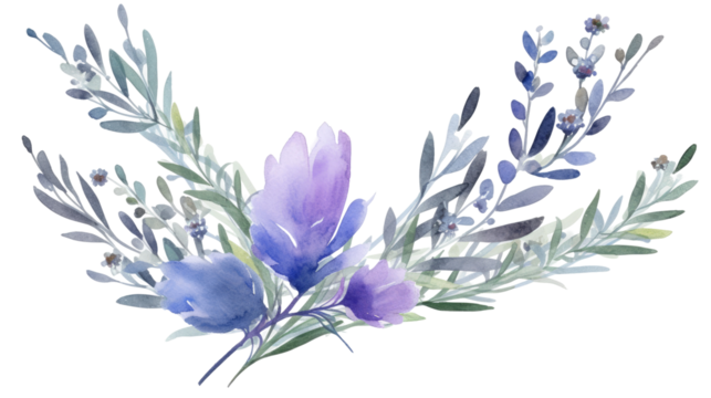 Watercolor painting of lavender sprigs and flowers, purple and blue hues, isolated on png transparency