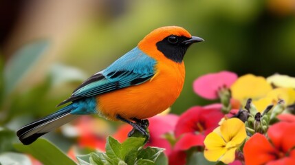 Fototapeta premium A vibrant bird perched among colorful flowers, showcasing nature's beauty.