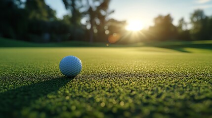 A close-up view of a golf ball resting on vibrant green grass, illuminated by the warm glow of a sunrise in the background.