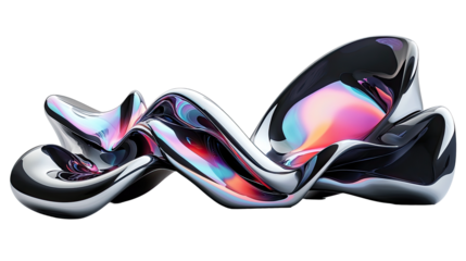 Abstract iridescent metallic liquid form with swirling, flowing shapes and vibrant color gradients on a png transparency.