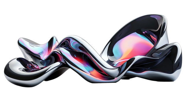 Abstract iridescent metallic liquid form with swirling, flowing shapes and vibrant color gradients on a png transparency.