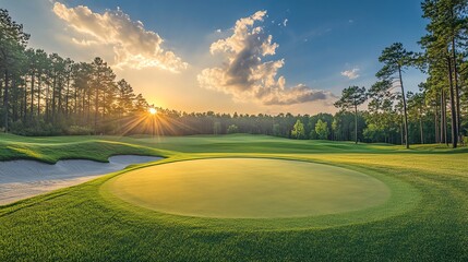 A serene golf course at sunset, with lush greens and a beautiful sky, perfect for relaxation and nature appreciation.
