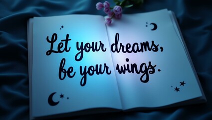 let your dreams be your wings is written in neat, handwritten text on a textured notepad, arranged in a flat lay style against a dark, moody background