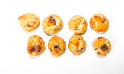 Collection of Soes Cake or Choux Pastry with chocolate filling inside isolated on white background. Chocolate choux pastry is round in shape