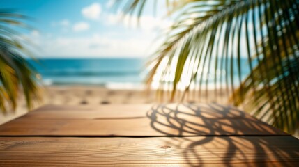 Tranquil Wooden Surface with Sea and Palm Trees in the Background