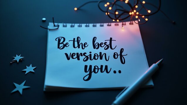 be the best version of you is written in neat, handwritten text on a textured notepad, arranged in a flat lay style against a dark, moody background