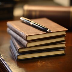 Naklejka premium Leather Bound Notebooks And Pen Resting On Wood