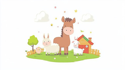 adorable cartoon farm animals illustration featuring donkey, sheep, goat, chick, and barn in a whimsical pastural scene for children's graphic design and vector art