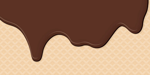Melted chocolate ice cream drop on ice cream cone texture background graphic illustration have blank space.
