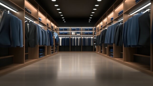 A well-organized clothing store showcasing suits and garments on wooden shelves.
