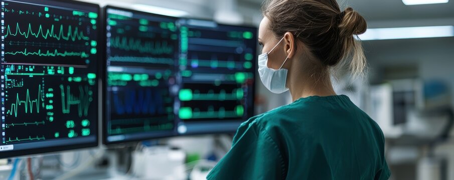 A healthcare professional in scrubs monitors multiple digital screens displaying vital statistics and data in a clinical setting.