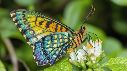Fototapeta premium A vibrant butterfly perched on a flower, showcasing its colorful wings and nature's beauty.