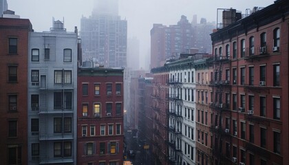 Fototapeta premium Foggy cityscape with buildings and a quiet street in the foreground.