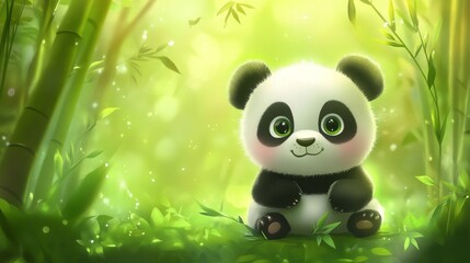 Fototapeta premium Adorable baby panda munching on bamboo in a lush green environment