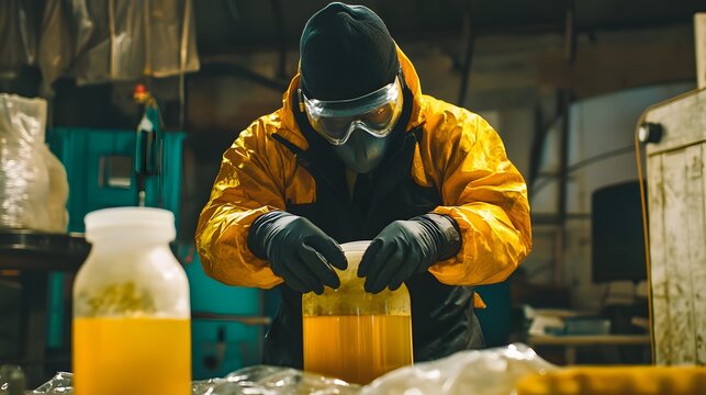 A person in a yellow hazmat suit and protective gear carefully handles a large container of yellow liquid in an industrial setting. The scene is dimly lit, emphasizing the seriousness of the task.