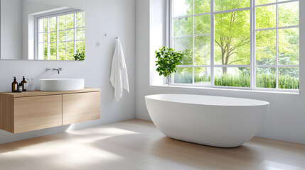 A modern farmhouse bathroom with a natural wood vanity cabinet
