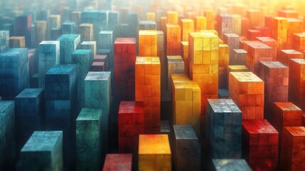 Obraz premium A vibrant cityscape of abstract colored blocks resembling a 3D urban environment.