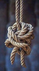 A close-up of a tightly knotted rope hanging against a blurred background.
