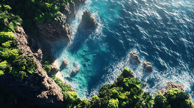 High-angle view of a rugged cliffside with lush vegetation meeting the deep blue ocean 