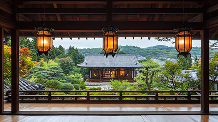 Peaceful temple courtyard with lanterns hanging from the eaves and a view of the surrounding natural landscape 