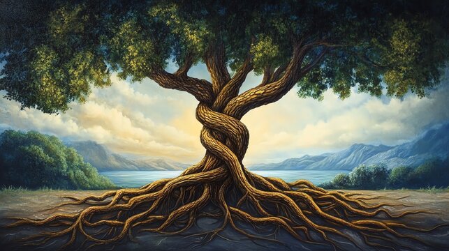 A majestic tree with intertwining roots and a serene landscape.