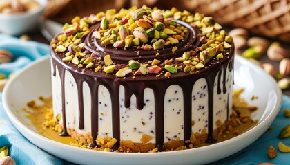 Delicious Chocolate and Pistachio Ice Cream Cake on White Plate with Nuts and Blue Cloth