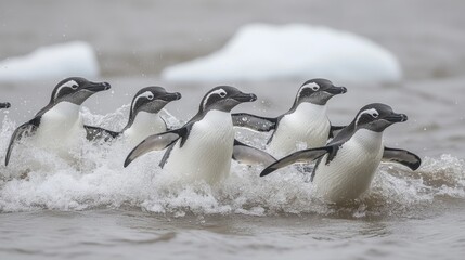 Fototapeta premium A group of penguins splashing through water, showcasing their playful nature.
