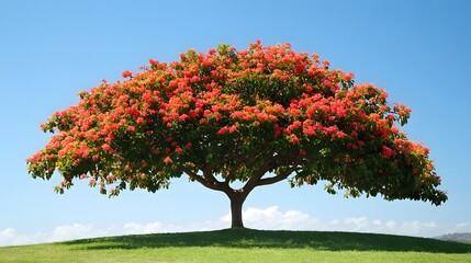 Naklejka premium A vibrant flowering tree stands alone on a grassy hill