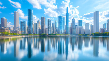 Sleek urban skyline with contemporary skyscrapers reflecting sunlight against a bright blue sky 