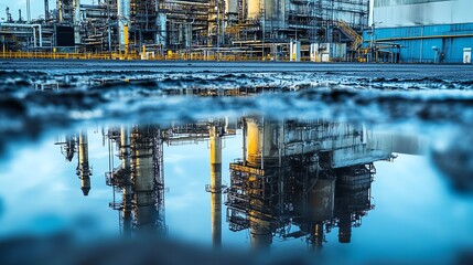 Reflection of industrial structures in a puddle on the ground.