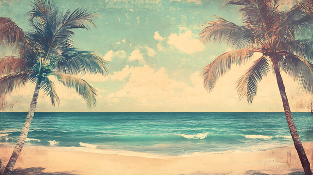 Vintage postcard-style travel design with faded colors and tropical imagery evoking nostalgia 