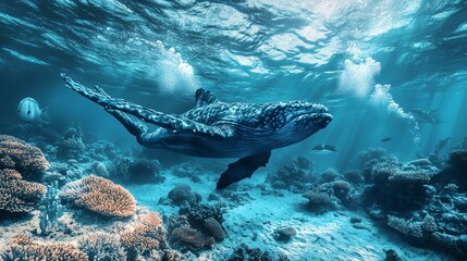 Fototapeta premium A majestic whale swimming gracefully over a vibrant coral reef.