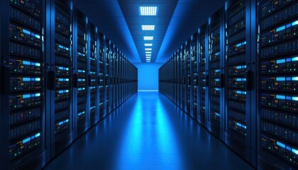 Obraz premium A futuristic data center corridor illuminated in blue, lined with servers, showcasing advanced technology and digital infrastructure.