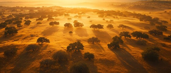 Aerial Photography, sprawling savannas, dry tropical climate, warm sunset light, wilderness, golden grasslands, scattered trees, wildlife habitats