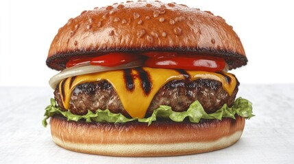 A close-up of a delicious cheeseburger with lettuce, tomato, onion, and condiments.