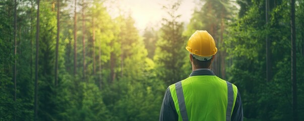A construction worker in a safety vest and hard hat stands in a lush forest, looking towards the sunlight filtering through the trees.
