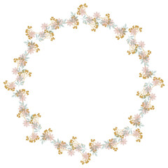 Round floral wreath frame with hand drawn flowers and leaves decoration
