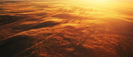 Aerial Photography, sprawling savannas, dry tropical climate, warm sunset light, wilderness, golden grasslands, scattered trees, wildlife habitats