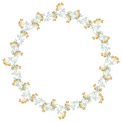 Round floral wreath frame with hand drawn flowers and leaves decoration
