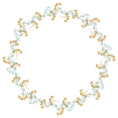 Round floral wreath frame with hand drawn flowers and leaves decoration
