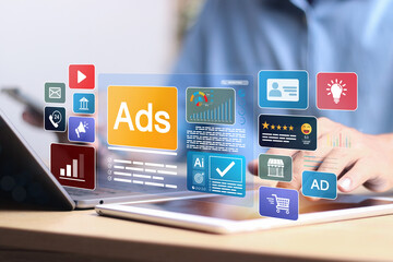 Digital marketing commerce online sale concept, Businessman using laptop with Ads dashboard digital...