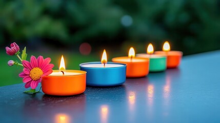 [Candlelight Vigil Memorial Ceremony] Candle Arrangement with Colored Cups, Tranquil Ambiance, Home Decor, Outdoor Setting, Candle Light, Aesthetic, Relaxing
