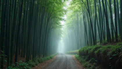 Fototapeta premium Serene bamboo forest path under misty overcast sky, showcasing tranquil solitude and layered depth in natural scenery.